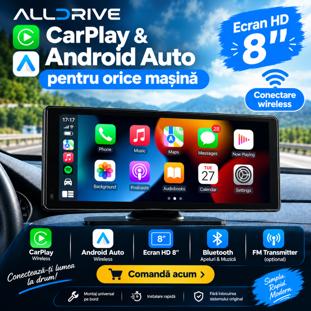 ALLDRIVE Pro 8.1” – Sistem CarPlay Android Auto Wireless cu DVR