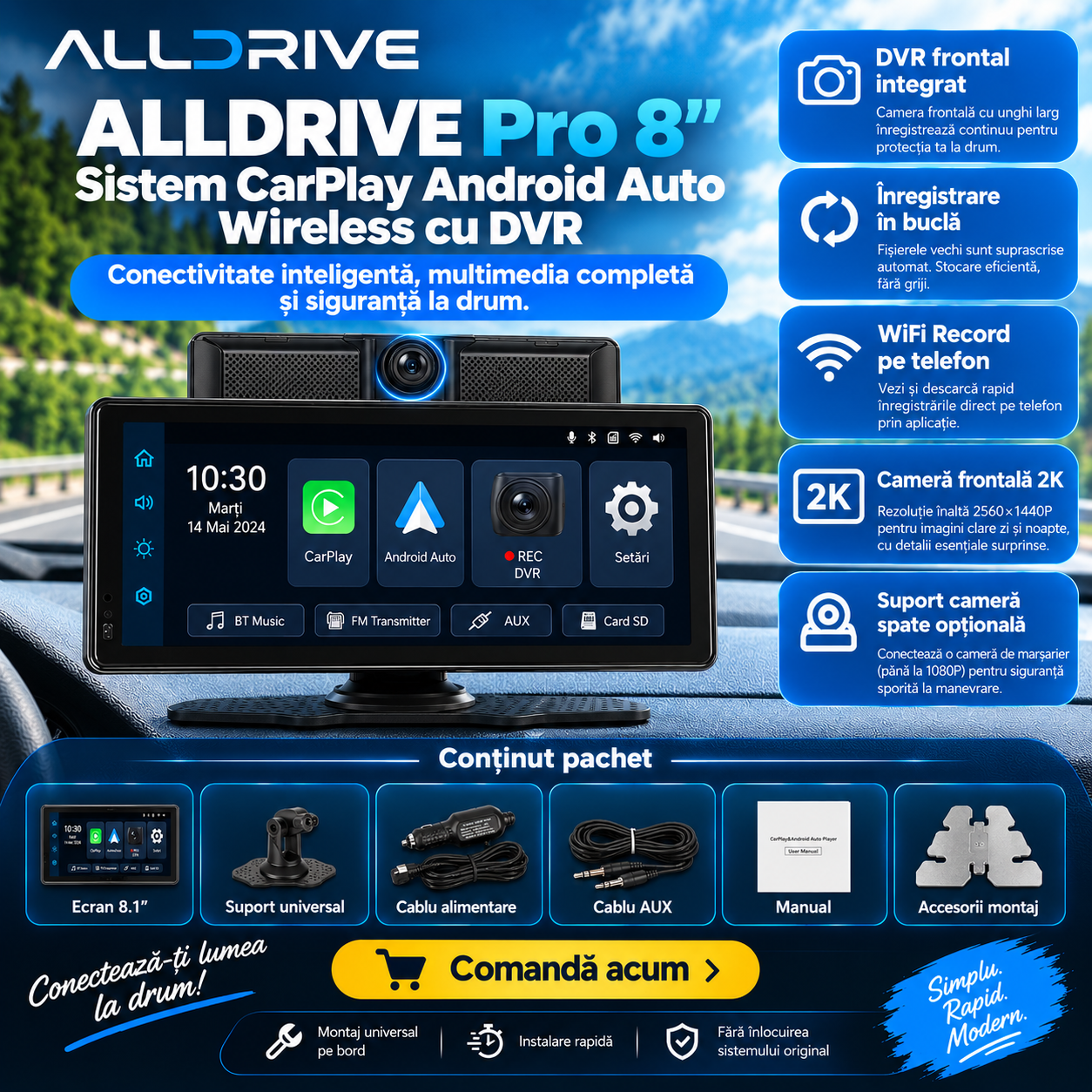 ALLDRIVE Pro 8.1” – Sistem CarPlay Android Auto Wireless cu DVR - imagine 2