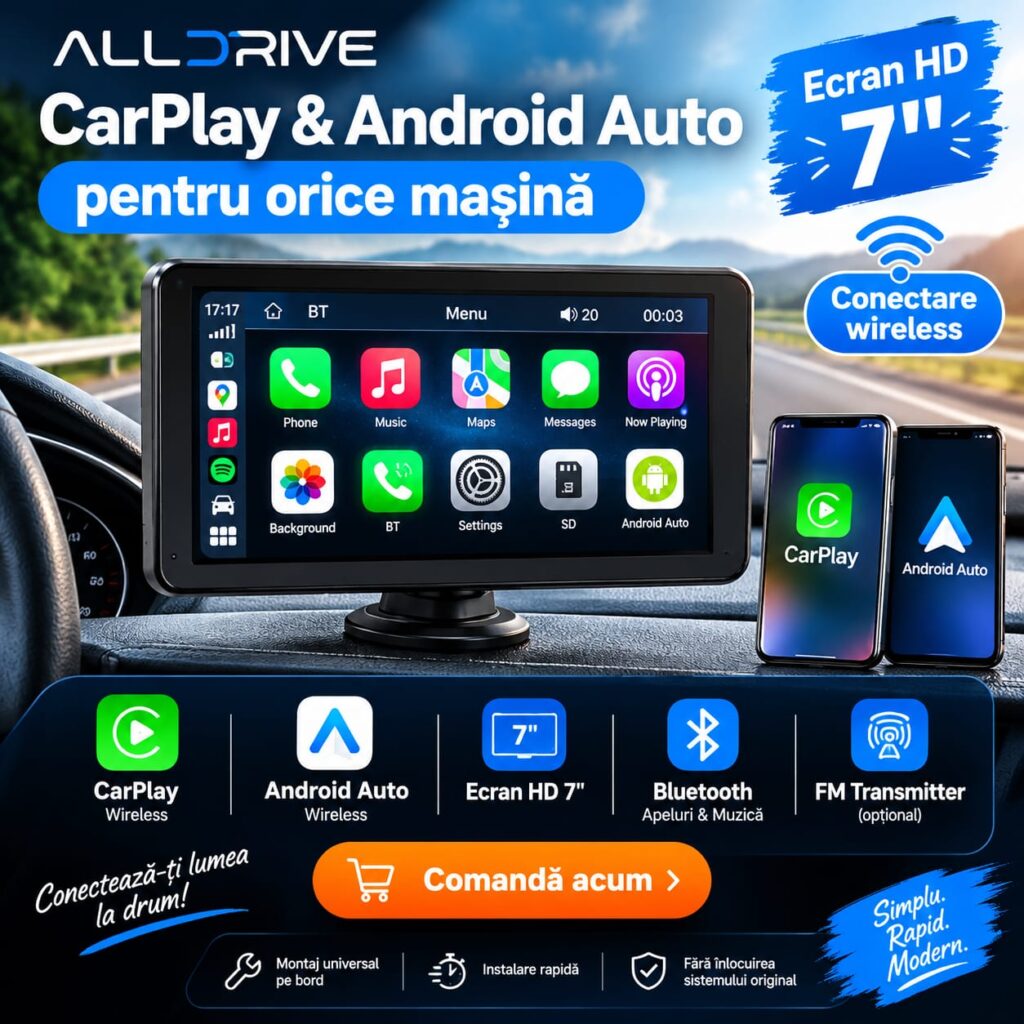 ALLDRIVE Smart 7” – Sistem CarPlay Android Auto Wireless pentru mașină
