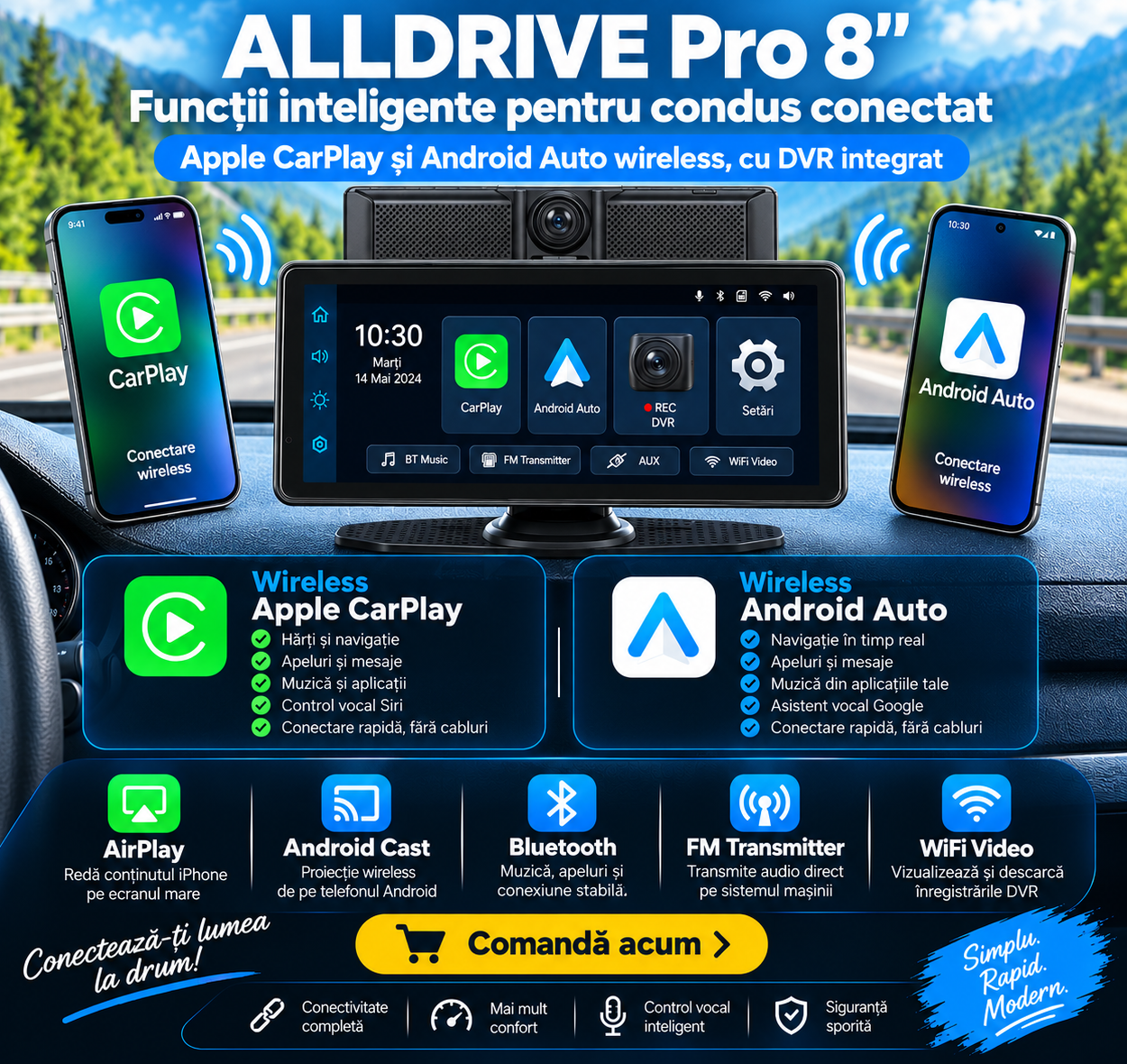 ALLDRIVE Pro 8.1” – Sistem CarPlay Android Auto Wireless cu DVR - imagine 4