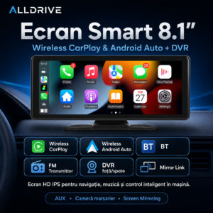 Sistem Multimedia Portabil AllDrive Pro – Wireless CarPlay & Android Auto + Cameră DVR Trafic
