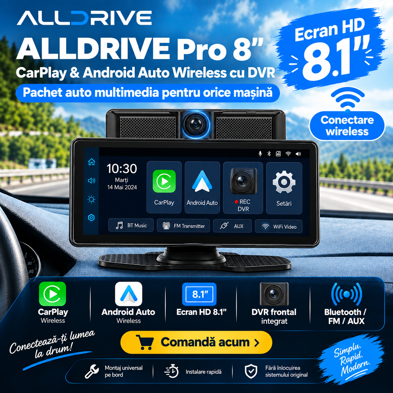 ALLDRIVE Pro 8.1” – Sistem CarPlay Android Auto Wireless cu DVR - imagine 3