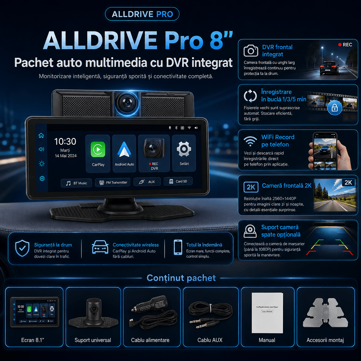 ALLDRIVE Pro 8.1 sistem CarPlay Android Auto Wireless cu DVR